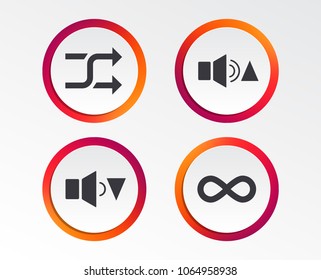 Player control icons. Sound louder and quieter signs. Dynamic symbol. Shuffle random and repeat loop. Infographic design buttons. Circle templates. Vector