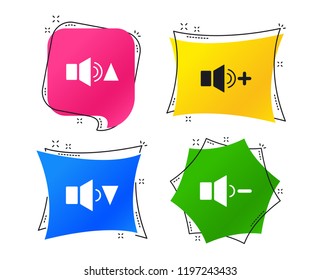 Player control icons. Sound louder and quieter signs. Dynamic symbol. Geometric colorful tags. Banners with flat icons. Trendy design. Vector