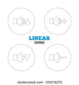 Player control icons. Sound louder and quieter signs. Dynamic symbol. Linear outline web icons. Vector