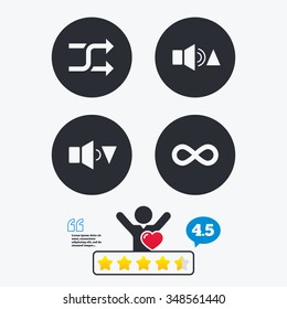 Player control icons. Sound louder and quieter signs. Dynamic symbol. Shuffle random and repeat loop. Star vote ranking. Client like and think bubble. Quotes with message.