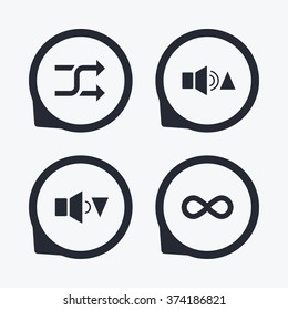 Player control icons. Sound louder and quieter signs. Dynamic symbol. Shuffle random and repeat loop. Flat icon pointers.