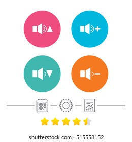 Player control icons. Sound louder and quieter signs. Dynamic symbol. Calendar, cogwheel and report linear. Star vote ranking. Vector