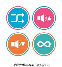 Player control icons. Sound louder and quieter signs. Dynamic symbol. Shuffle random and repeat loop. Colored circle buttons. Vector