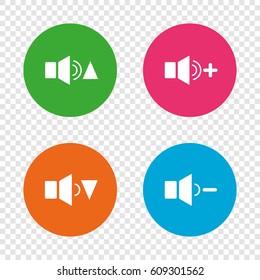 Player control icons. Sound louder and quieter signs. Dynamic symbol. Round buttons on transparent background. Vector