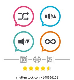 Player control icons. Sound louder and quieter signs. Dynamic symbol. Shuffle random and repeat loop. Calendar, internet globe and report linear icons. Star vote ranking. Vector