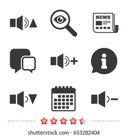 Player control icons. Sound louder and quieter signs. Dynamic symbol. Newspaper, information and calendar icons. Investigate magnifier, chat symbol. Vector