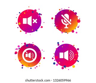 Player control icons. Sound, microphone and mute speaker signs. No sound symbol. Gradient circle buttons with icons. Random dots design. Vector