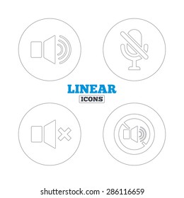 Player control icons. Sound, microphone and mute speaker signs. No sound symbol. Linear outline web icons. Vector