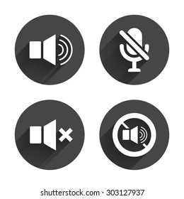 Player control icons. Sound, microphone and mute speaker signs. No sound symbol. Circles buttons with long flat shadow. Vector