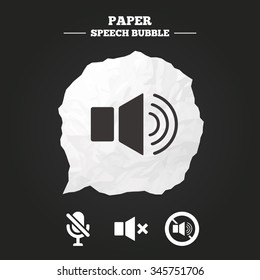 Player control icons. Sound, microphone and mute speaker signs. No sound symbol. Paper speech bubble with icon.