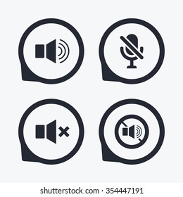 Player control icons. Sound, microphone and mute speaker signs. No sound symbol. Flat icon pointers.