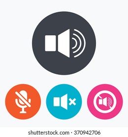 Player control icons. Sound, microphone and mute speaker signs. No sound symbol. Circle flat buttons with icon.