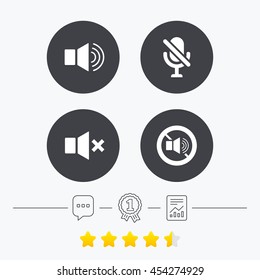 Player control icons. Sound, microphone and mute speaker signs. No sound symbol. Chat, award medal and report linear icons. Star vote ranking. Vector