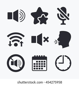 Player control icons. Sound, microphone and mute speaker signs. No sound symbol. Wifi internet, favorite stars, calendar and clock. Talking head. Vector