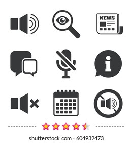 Player control icons. Sound, microphone and mute speaker signs. No sound symbol. Newspaper, information and calendar icons. Investigate magnifier, chat symbol. Vector