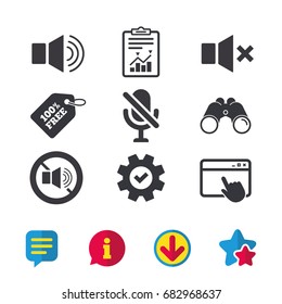 Player control icons. Sound, microphone and mute speaker signs. No sound symbol. Browser window, Report and Service signs. Binoculars, Information and Download icons. Stars and Chat. Vector