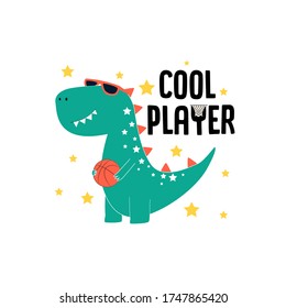 Player dinosaur t-shirt design with slogan. Vector illustration design for fashion fabrics, textile graphics, prints.
