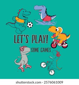 Player dinosaur t-shirt design with slogan. Vector illustration design for fashion fabrics, textile graphics, prints.