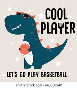 Player dinosaur t-shirt design with slogan. Vector illustration design for fashion fabrics, textile graphics, prints.