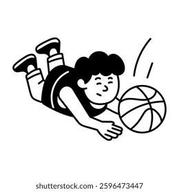 Player dive to catch basketball, doodle character illustration
