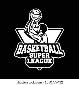 player doing shot in basketball super league to winning the match. sport emblem or badge for your team logos black and white