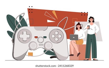 Player game concept. Gamer with equipment. Women and young girls with gamepad and joystick. Remote controller for play in arcade and video games. Gadget and device. Cartoon flat vector illustration