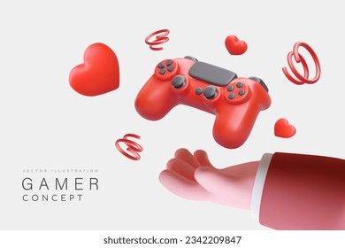 Player, gamer concept. Love for computer games. Favorite hobby. Realistic hand, gamepad, red hearts and confetti. Cute illustration in cartoon style. Vector