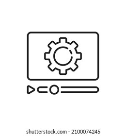 player with gear and video streaming icon. flat linear trend logotype graphic stroke design infographic element isolated on white background. concept of abstract viral blog or news marketing pictogram