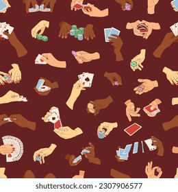 Player hands seamless pattern. Vector illustration of playing chips and cards. Playing texas holdem poker, croupier work and win chips. Multicultural casino players. Illustrations for gambling industr