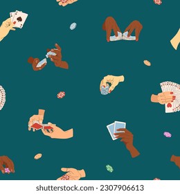 Player hands seamless pattern. Vector illustration of playing chips and cards. Playing texas holdem poker, croupier work and win chips. Multicultural casino players. Illustrations for gambling industr