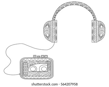 Player with headphones coloring book for adults vector illustration. Anti-stress coloring for adult music. Zentangle style. Black and white lines listen. Lace pattern