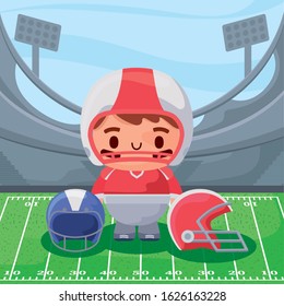 Player and helmets over field design, Super bowl american football sport hobby competition game training equipment tournement and play theme Vector illustration