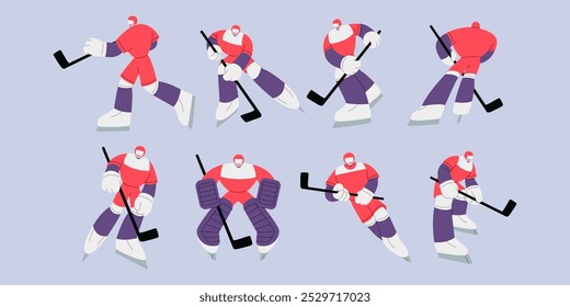 Hockey de jugador. Deporte de invierno. Juego sobre hielo. Sportsman patina en el entrenamiento. Entrenamiento de porteros. Palo de la puerta del disco de la meta. Ejercita la energía. Competencia de Equipo. Juega al campeonato. Conjunto de poses de persona atlética de Vector