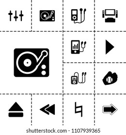 Player icon. collection of 13 player filled icons such as tv system, equalizer, eject button, play back, gramophone, baseball glove. editable player icons for web and mobile.