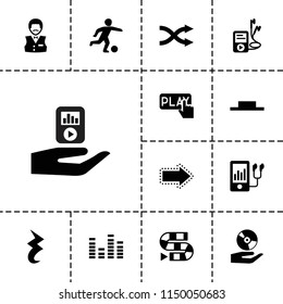 Player icon. collection of 13 player filled icons such as casino boy, dice game, equalizer, music pause, shuffle. editable player icons for web and mobile.