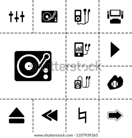 Player icon. collection of 13 player filled icons such as tv system, equalizer, eject button, play back, gramophone, baseball glove. editable player icons for web and mobile.