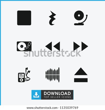 Player icon. collection of 9 player filled icons such as stop, equalizer, gramophone, eject button, fast forward, play back. editable player icons for web and mobile.