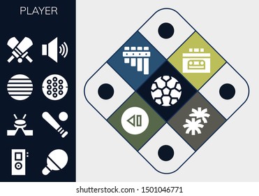 player icon set. 13 filled player icons.  Simple modern icons about  - Football, Recorder, Table tennis, Hockey, Baseball, Ball, Cricket, Volume, Flute, Skip, Pom pom