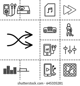 Player icon. set of 13 outline playericons such as equalizer, dvd player, music pause, fast forward, phone and earphones, memory card with music, shuffle