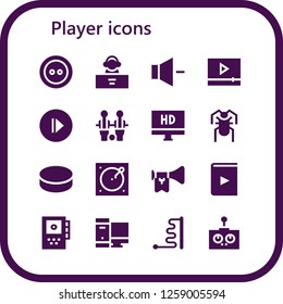  player icon set. 16 filled player icons. Simple modern icons about  - Button, DJ, Volume, Video, Play, Table football, Hd, Cricket, Puck, Turntable, Trumpet, Recorder, Gaming