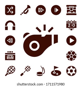 player icon set. 17 filled player icons.  Simple modern icons such as: Shuffle, Audio, Skip, Referee, Recorder, Scoreboard, Play, Soccer ball, Tennis, Trumpet, Racket, Puck, Golf