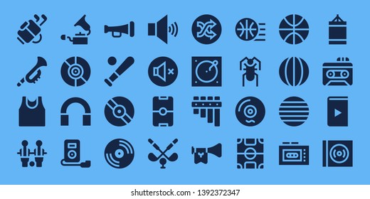 player icon set. 32 filled player icons. on blue background style Simple modern icons about  - Golf, Trumpet, Sport shirt, Table football, Gramophone, Vinyl, Audio, Mp player