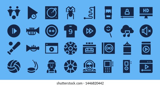 player icon set. 32 filled player icons. on blue background style Simple modern icons about  - Foosball, Play, Baseball, Volleyball, Trumpet, Puck, Turntable, Button, Video, Checker
