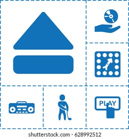 Player icon. set of 6 player filled icons such as Finger pressing play button, eject button, CD on hand