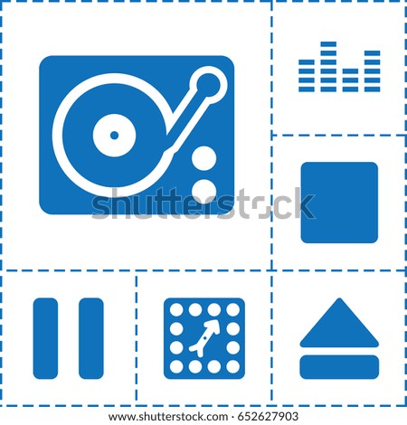 Player icon. set of 6 player filled icons such as pause, stop, eject button, gramophone, equalizer
