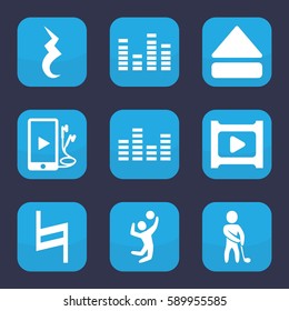 player icon. Set of 9 player filled icons such as equalizer, eject button, phone and earphones, pause