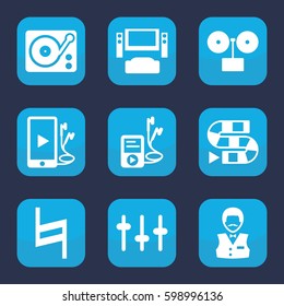 player icon. Set of 9 filled player icons such as Casino boy, equalizer, gramophone, phone and earphones, mp3 player, pause, dice game