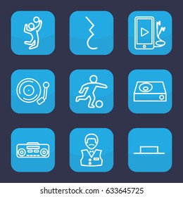 Player icon. set of 9 outline player icons such as casino boy, music pause, phone and earphones, pause