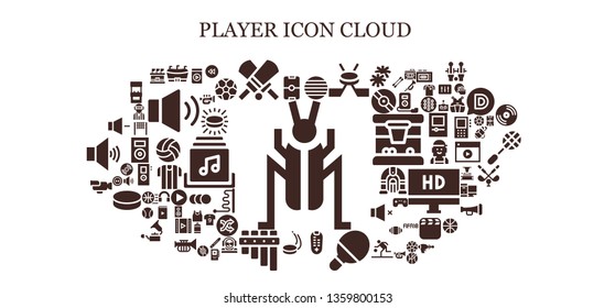 player icon set. 93 filled player icons.  Simple modern icons about  - Cricket, Football, Ball, Hockey, Remote control, Table tennis, Puck, Flute, Video, Volume, Media player