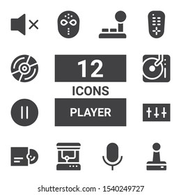 player icon set. Collection of 12 filled player icons included Joystick, Audio, Arcade machine, Vinyl, Equalizer, Pause, DJ, Hockey mask, Remote control, Mute